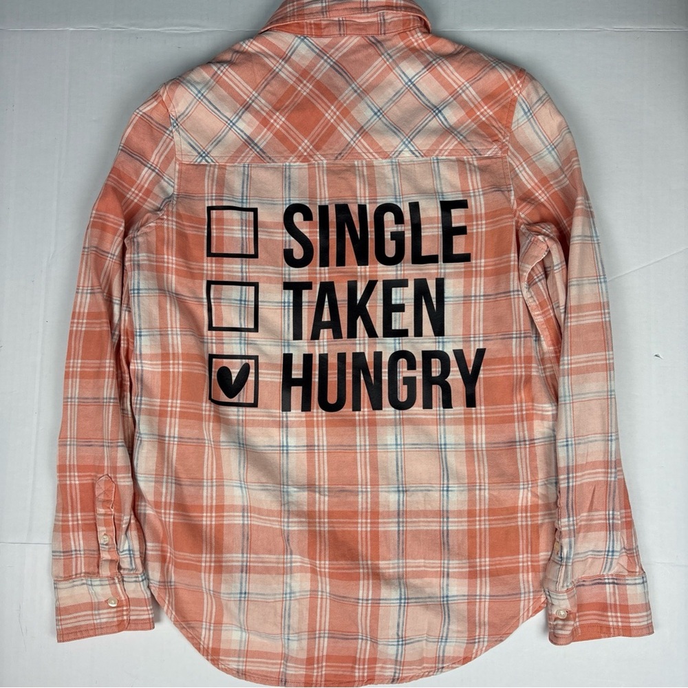 Single Taken Hungry Women Medium Upcycled Shirt Peach Plaid Distressed Upcycled